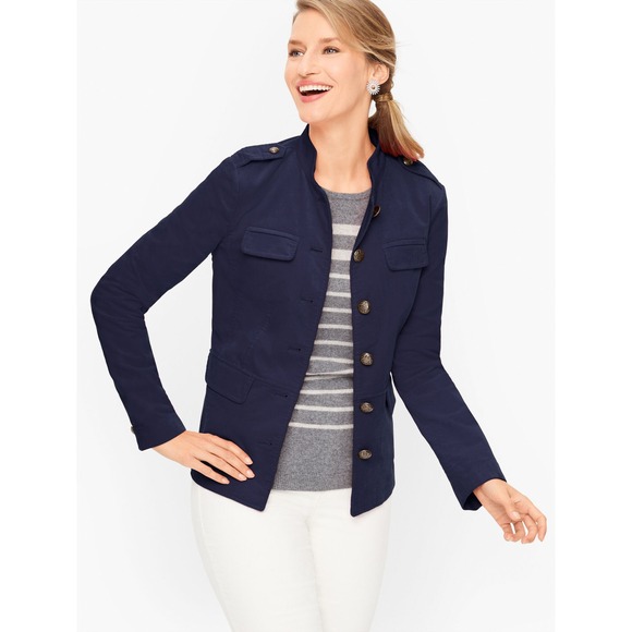 Talbots Velveteen Band Collar Military Style Jacket Size 10 Navy Blue - Picture 1 of 12